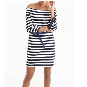 J Crew Dress S Blue White Striped Muslin Off Shoulder Smocked Nautical Preppy
